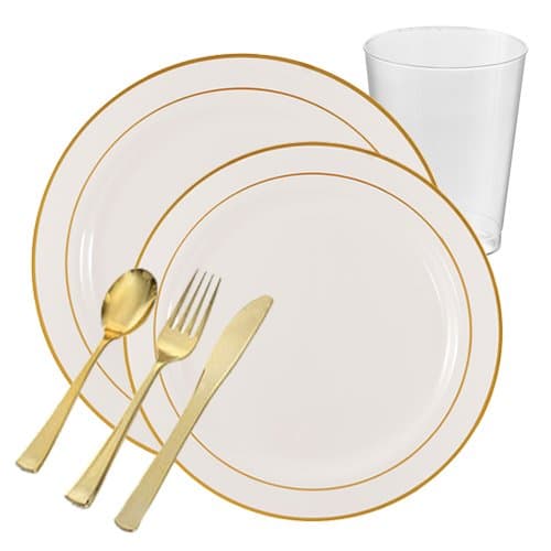 | Rimini White with Gold Band Plastic Dinnerware Party Package for 20 Guests | Dinner & Dessert Plates, Plastic Tumblers & Plastic Silver Cutlery | 120 Piece Total