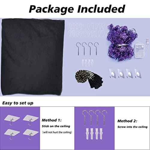 Black Bed Canopy with Spider String Lights for Halloween Decor, 4 Corner Gothic Canopy Bed Curtains 100 LED Purple Lights Battery USB Powered for Twin Full Queen King Bed Bedroom Home Decoration