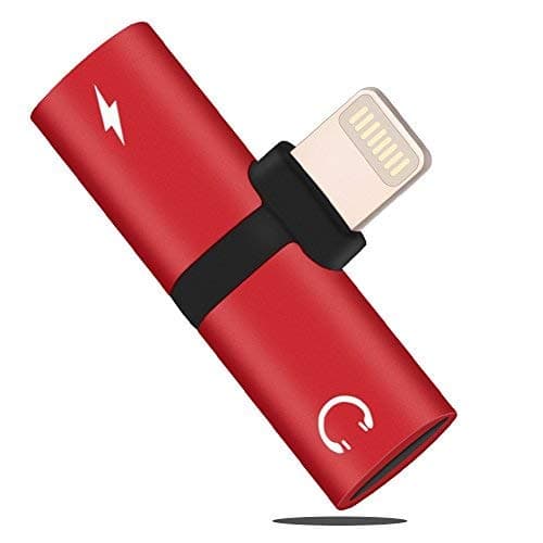 Headphone Adapter Splitter Compatible with iPhone Xs Max X 7 8 Plus, 2 in 1 Dual Jack Aux Audio & Charging & Calling & Sync Cable Connector Earphone Charger (Red)