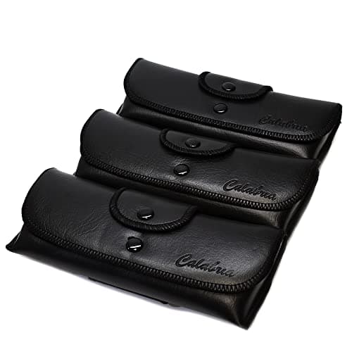 Calabria Double Snap Belt Loop Eyeglass Case PU Leather Black 3Pack Old School Eye Glasses Pouch Semi-Hard Sunglass Holder