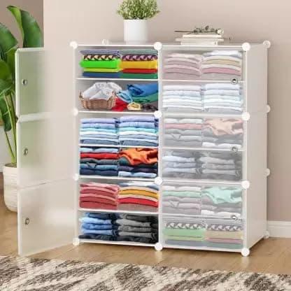 AYSIS Plastic Rack for Storage, Foldable Wardrobe for Clothes, Collapsible Wardrobe, Kitchen Cupboard, Clothes Storage Wardrobe, Cupboard for Clothes Plastic (White, 12-SHELF-6-DOOR)