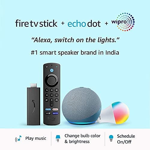Echo Dot (4th Gen, Blue) combo with Fire TV Stick and Wipro 9W LED smart color Bulb