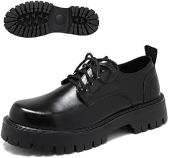 Men's Leather Platform Block Heel Oxfords Classic Round Toe Lace Up Lug Sole Soft Bottom Business Work Dress Shoes Non-Slip Heightening Derby Shoes