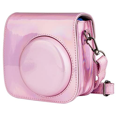Blummy PU Leather Camera Case Compatible with Fujifilm Instax Mini 11/ Mini 9/ Mini 8 Instant Camera with Adjustable Strap and Pocket (Pink Laser)
