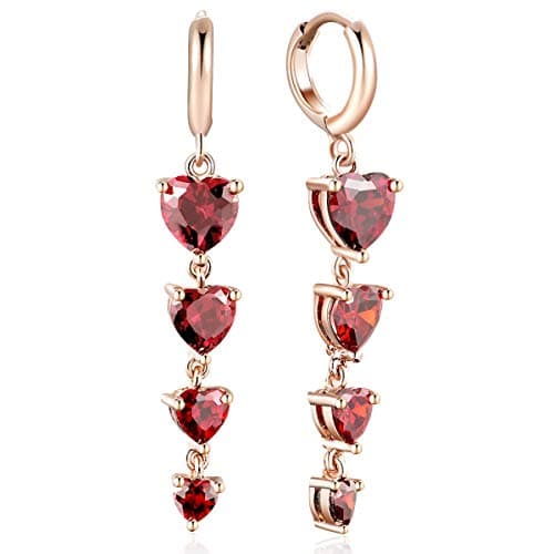 FANCIME Rose Gold Plated Clear Crystals Red Created Ruby CZ Cubic Zirconia Heart Small Hoop Long Drop Dangle Earrings Hypoallergenic Jewelry Gift for Women Girls
