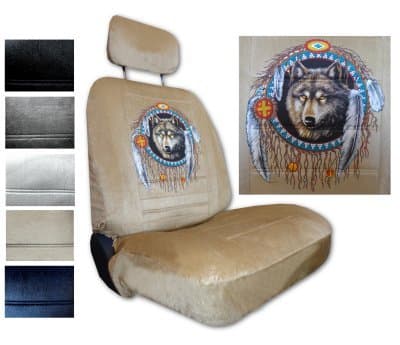 Seat Cover Connection Native Wolf Dreamcatcher print 2 Low Back Bucket Car Truck SUV Seat Covers with 2 Head Rest Covers - Silver Grey