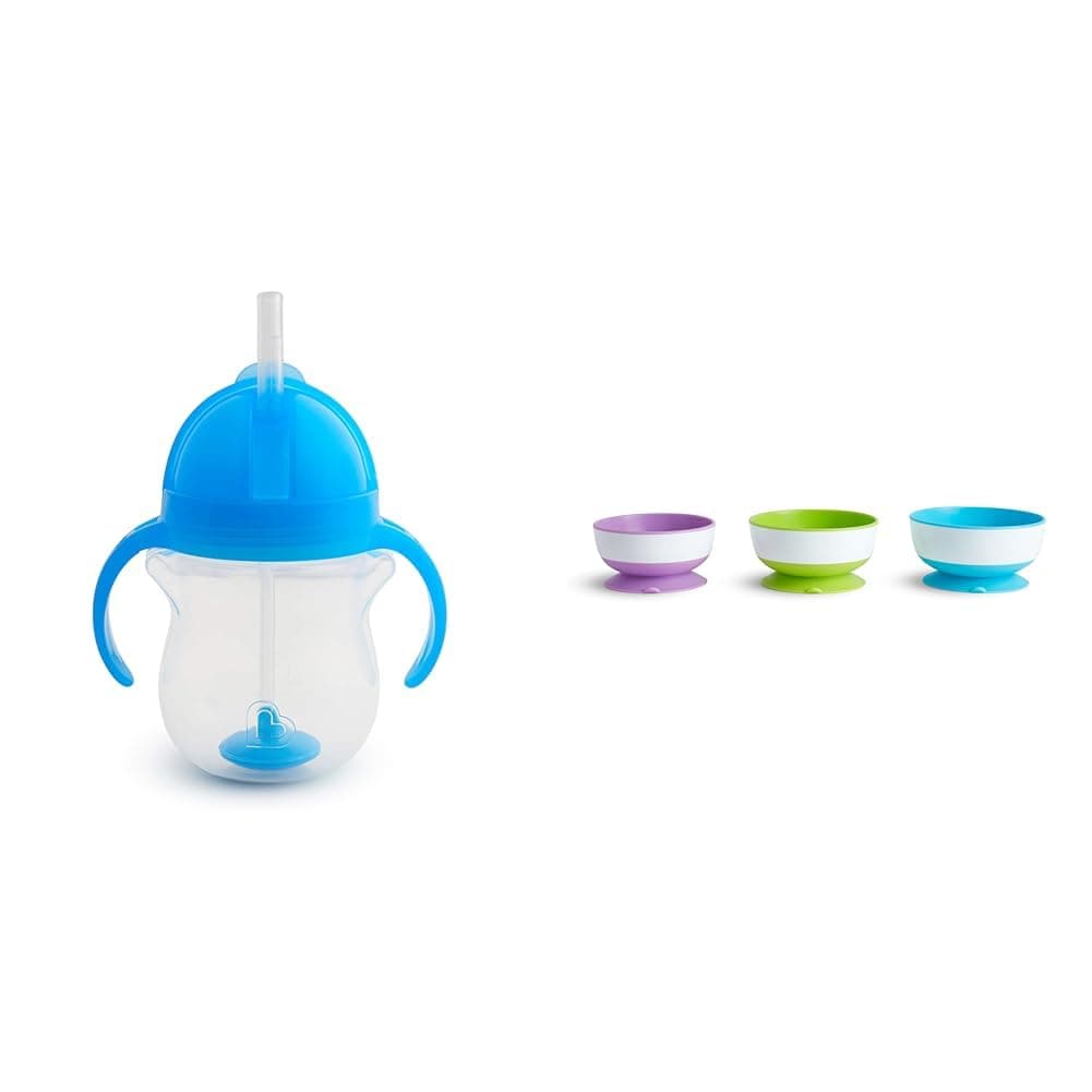Munchkin® Any Angle™ Weighted Straw Trainer Cup with Click Lock™ Lid, 7 Ounce, Blue & ® Stay Put™ Suction Bowls for Babies and Toddlers, 3 Pack, Blue/Green/Purple