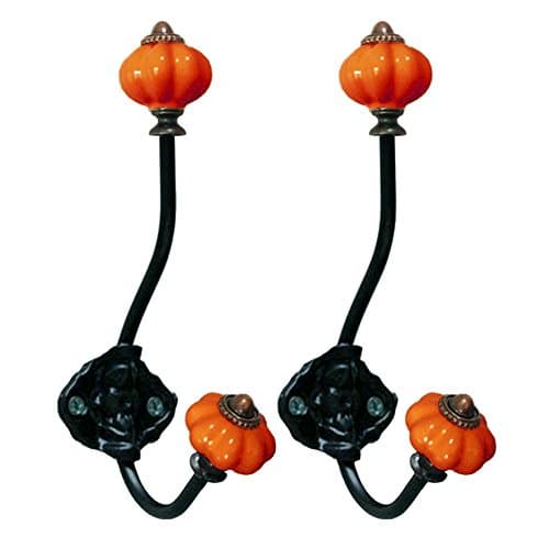 Coat Hooks-Vintage Ceramic Iron Pumpkin Hooks Wall Hooks for Coat Jewelry Hat Scarf Home Decoration-2 Pack (Orange)