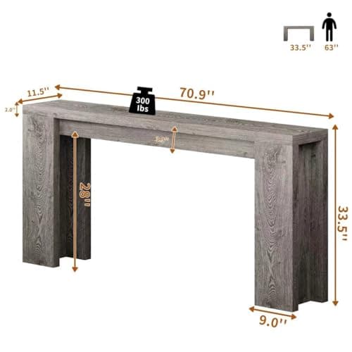 70.9 Inch Extra Long Console Table, Farmhouse Entryway Table with Thickened Base, Wood Sofa Table Behind Couch Table, Narrow Entry Way Accent Table for Living Room, Hallway, Entrance, Foyer, Grey