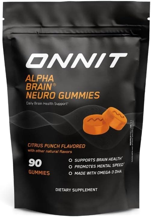 - ONNIT Alpha Brain Neuro Focus Gummies, IGEN Non-GMO Tested Vegan Gummies with Omega-3s Lutein Zeaxanthin and Caffeine, Brain Eye and Focus Supplement for Men and Women, Citrus Punch, 90 Count