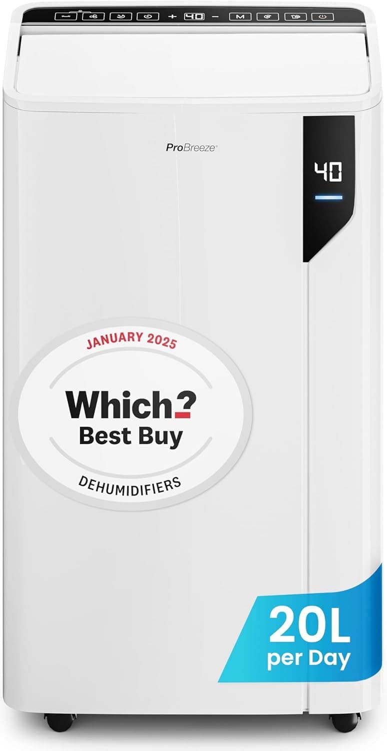 Pro Breeze® 20L/Day Compressor Dehumidifier - Energy Efficient with Laundry Mode, Humidity Sensor, Carbon Air Filter for Mould, Damp & Moisture - for Home & Bedroom - WHICH? BEST BUY DEHUMIDIFER AWARD