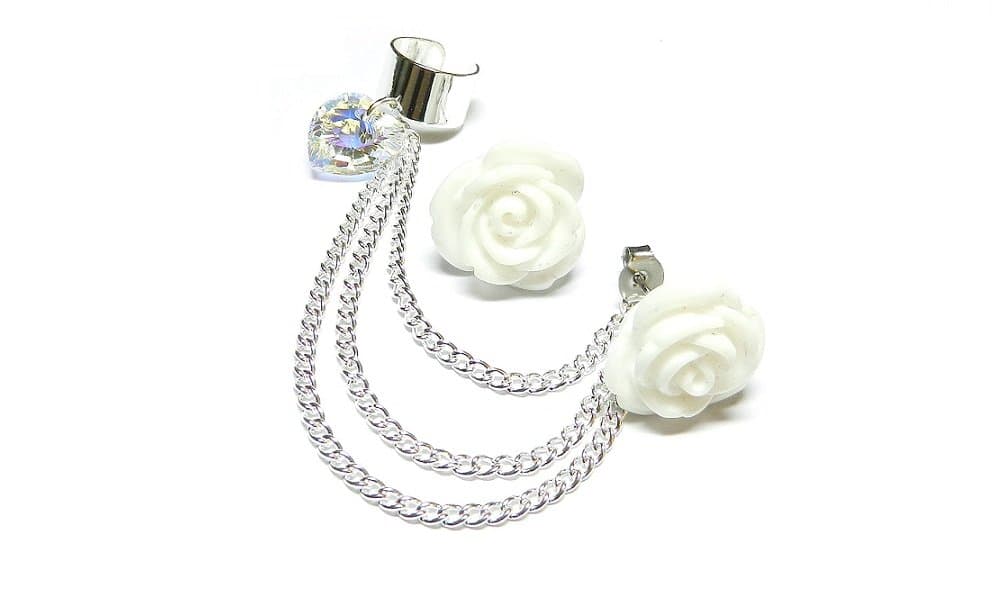 White Rose Swarovski Chain Ear Cuff Handmade