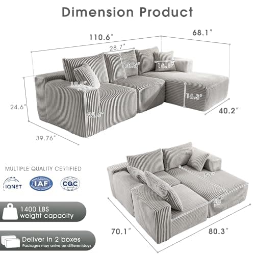 WorthFurni Cloud Modular Sofa Couch with L-Shape Chaise,Modern Sectional with Deep Seat, Upholstered Couches for Living Room Bedroom,No Assembly Required, Plush Corduroy Fabric 110.4"(Grey)