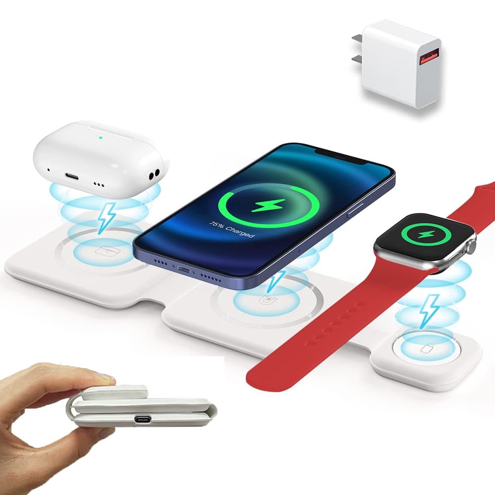 Foldable 3 in 1 Wireless Charger for iPhone, Magnetic 3 in 1 Fast Charging Station Travel Charger for Magsafe for iPhone 15/14/13 /Pro/Pro Max/12/11/X/Xr/XS/8, for AirPods, Apple Watch, Samsung, Pixel