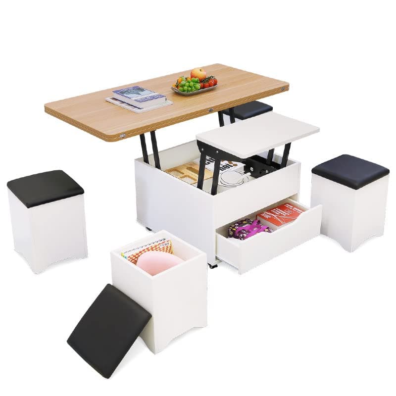 Convertible Folding Dining Table Set for 8, Multifunctional Lift Top Coffee Table with 4 Storage Ottoman, Space Saving Extendable Table for Compact Living Space, 47 in