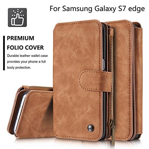 Galaxy S7 edge Case,S7 edge Case,NERVX Premium PU Wallet Leather Case Flip Folio Wallet Case Cover - [Zipper Wallet] 14 Credit Card Slot With Detachable Slim Cover for Samsung Galaxy S7 edge (brown)