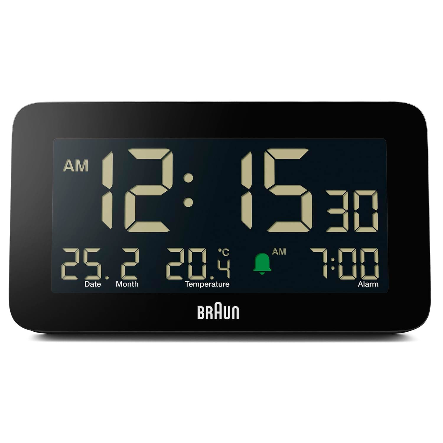 Braun Digital Alarm Clock with Date, Month and Temperature Displayed, Negative L, Plastic, 13 Cm, 7 Cm, Black
