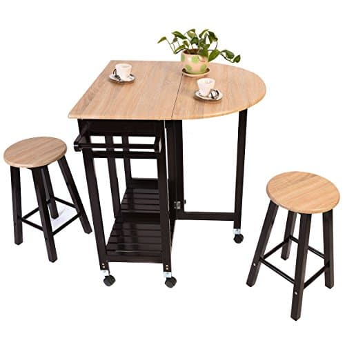 3PC Wood Kitchen Island Rolling Cart Set Dinning Drop Leaf Table w/ 2 Stools New