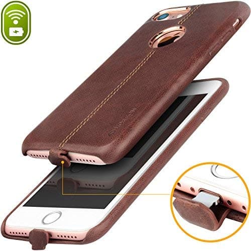 iPhone 7 Leather Case with Wireless Charging Receiver Slim Fit Protective Cover for iPhone 7 Wireless Charger Cases and Covers Anti-Scratch Back Covers (Brown)