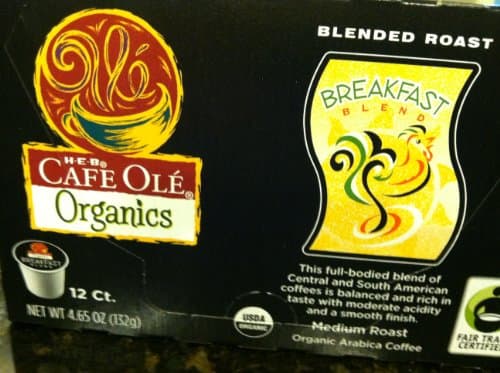 H.E.B. Cafe Ole Organics -Blended Roast: Breakfast Blend, one box, 12 count single brew