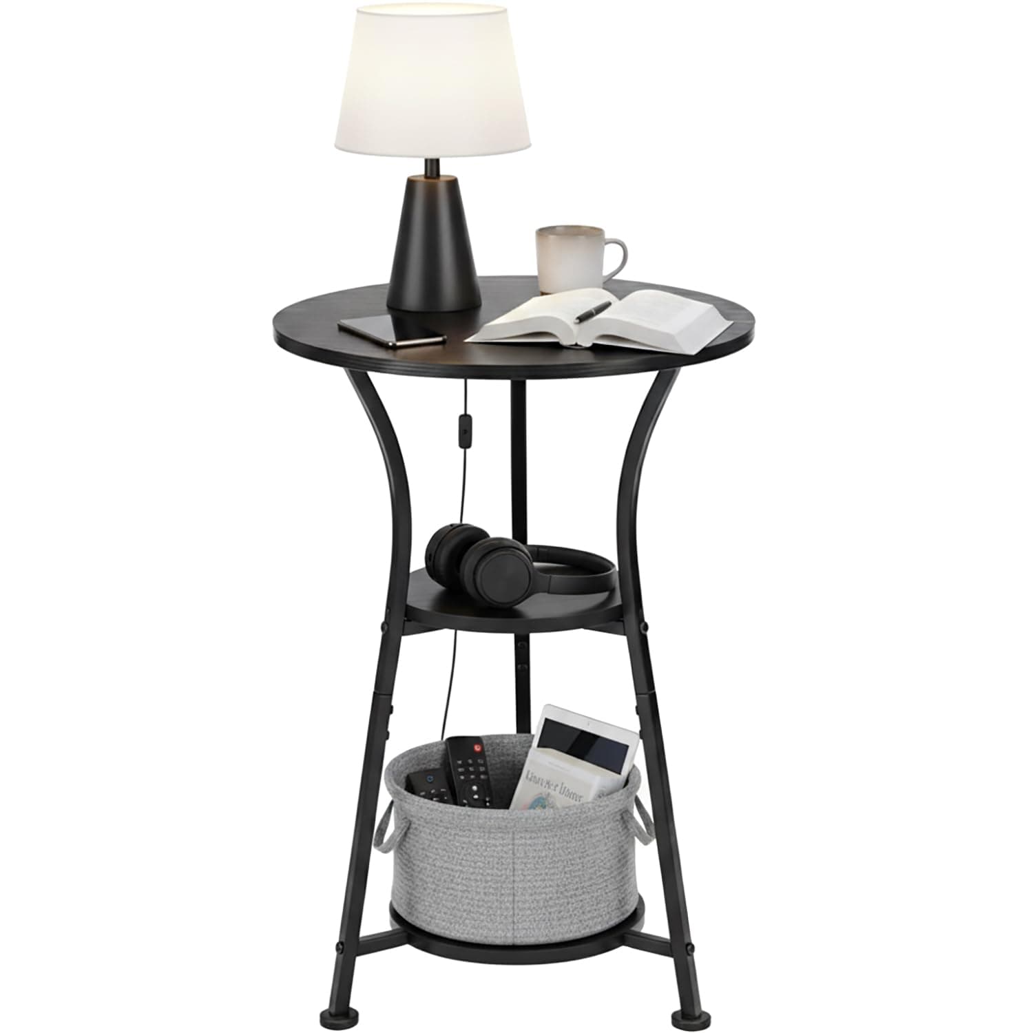 Dulcii Small Round End Table for Narrow and Small Space, 3-Tier Modern Accent Couch Beside Table, Black