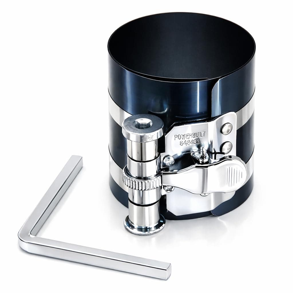 Piston Ring Compressor, 2 Inch to 5 Inch Diameter, Compress Pistons, Ratcheting Lock, Release Lever, Slide into Cylinder - 648433, Silver