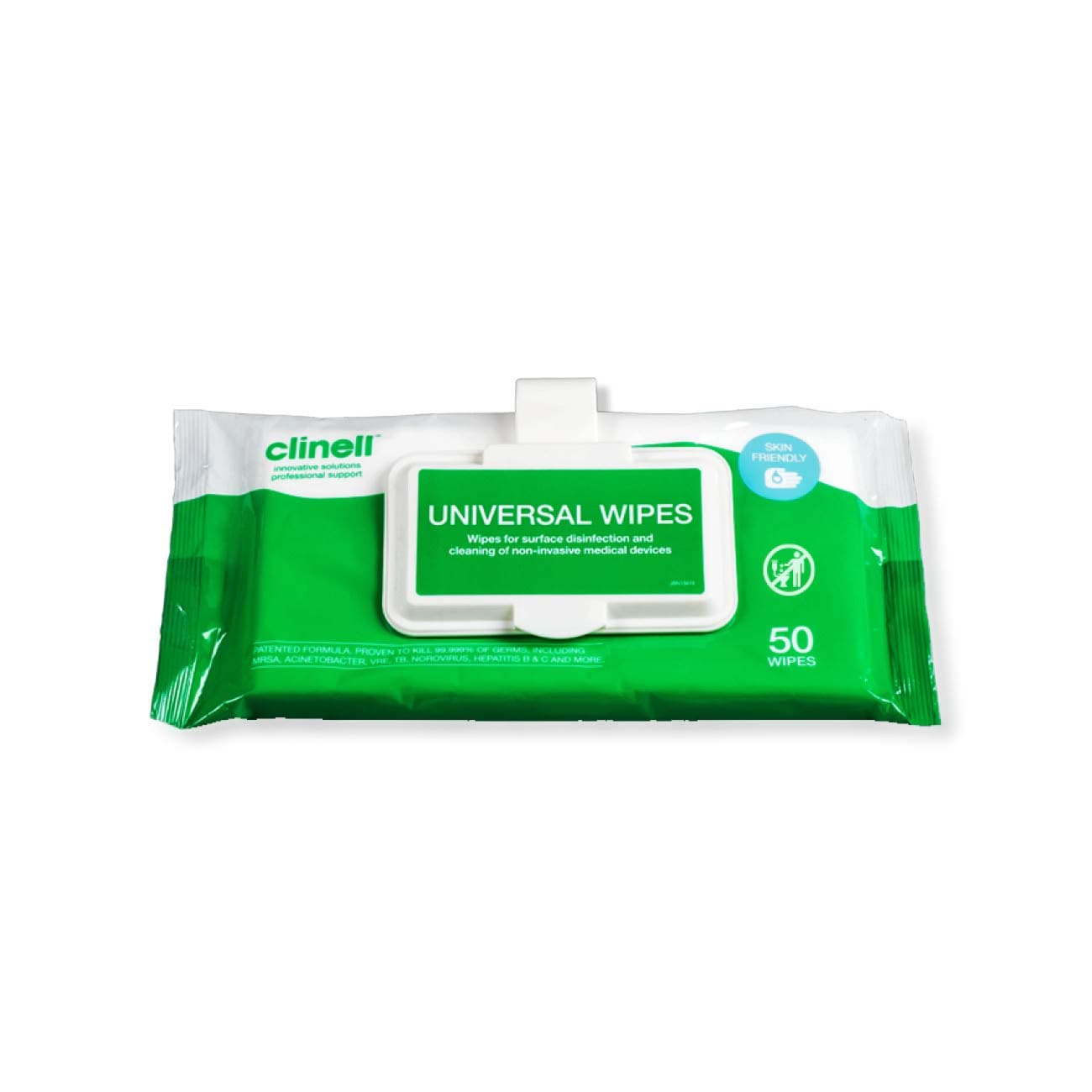 Universal Cleaning and Surface Disinfection- Multi Purpose - Kills 99.99% of Germs, Effective from 30 Seconds - 1 x Clip Pack of 50 Wipes