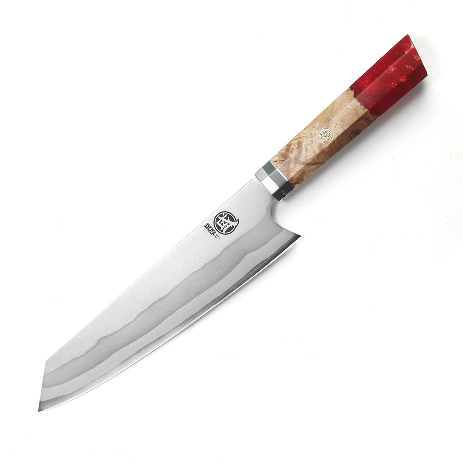 MITSUMOTO SAKARI 8 inch Japanese Kiritsuke Knife - Hand Forged 440C Damascus Steel, Professional Kitchen Chef Knives with Red Pomegranate Handle & Sandalwood Box