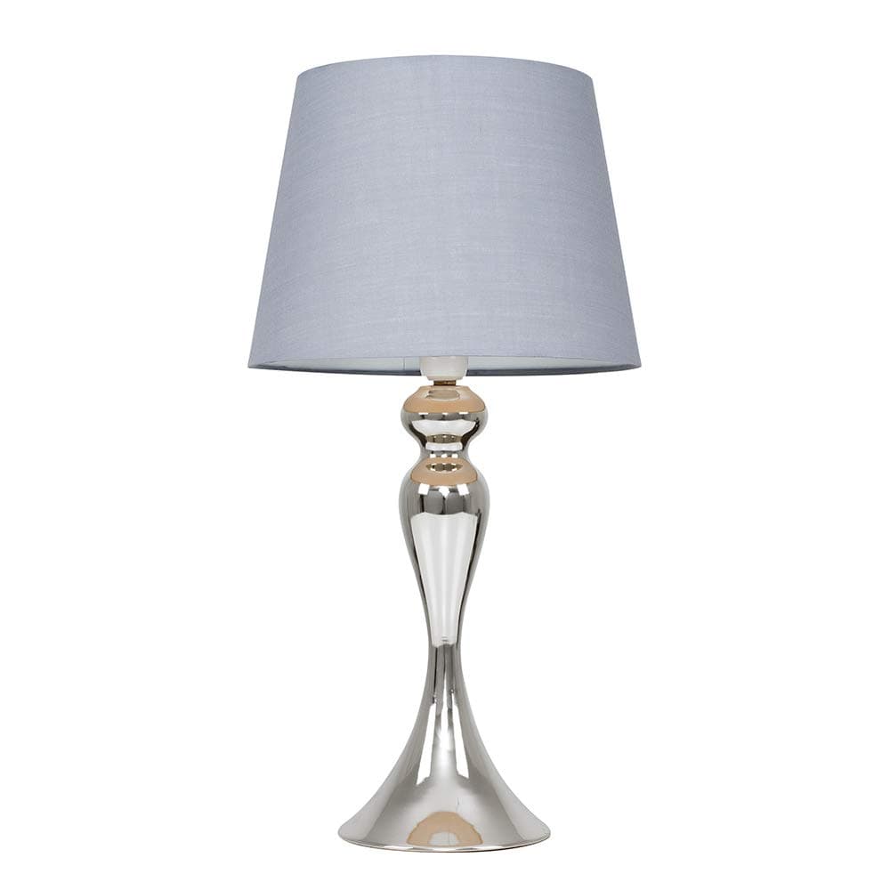 Modern Polished Chrome Spindle Design Table Lamp with a Grey Tapered Shade - Complete with a 6w LED GLS Bulb [3000K Warm White]