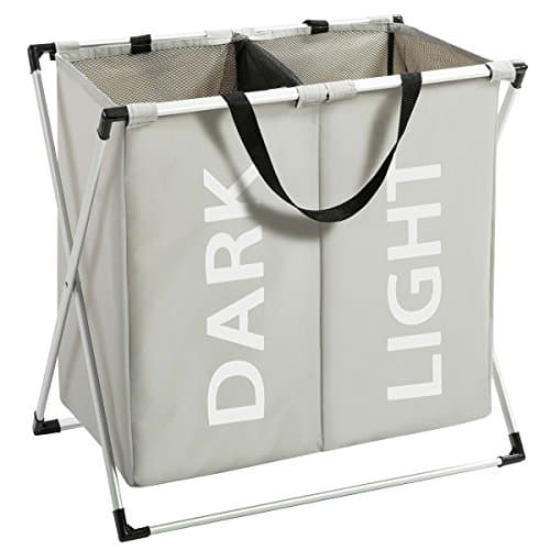 Marble Field Laundry Hampers X-Frame Double Laundry Basket 2 Section Oxford Dirty Laundry Hamper Sorter Aluminum Frame Foldable Waterproof Bags with Handles Light Grey