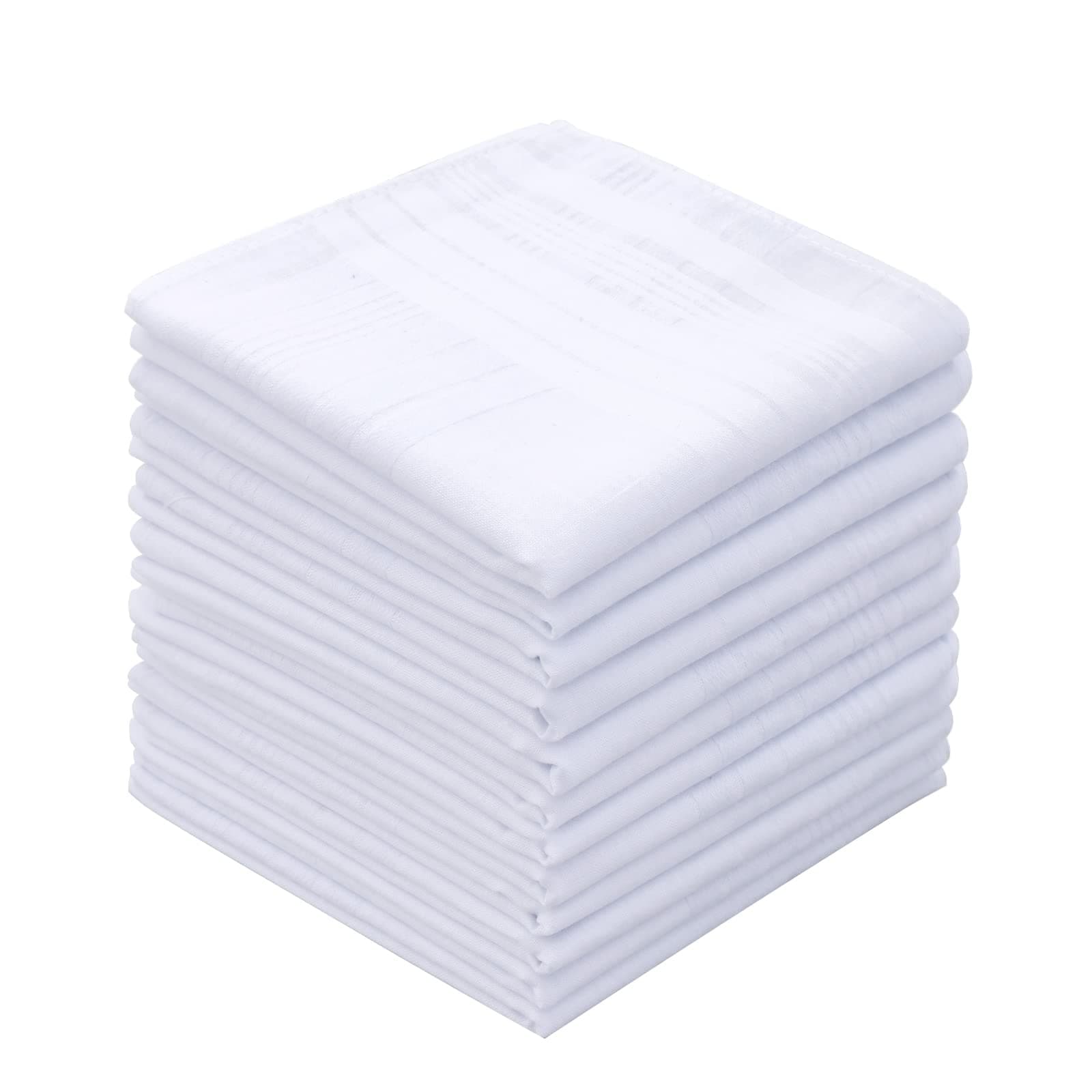 GB Men's Handkerchiefs 100% Cotton Solid White with Stripe Large Classic Hankies Bulk Set