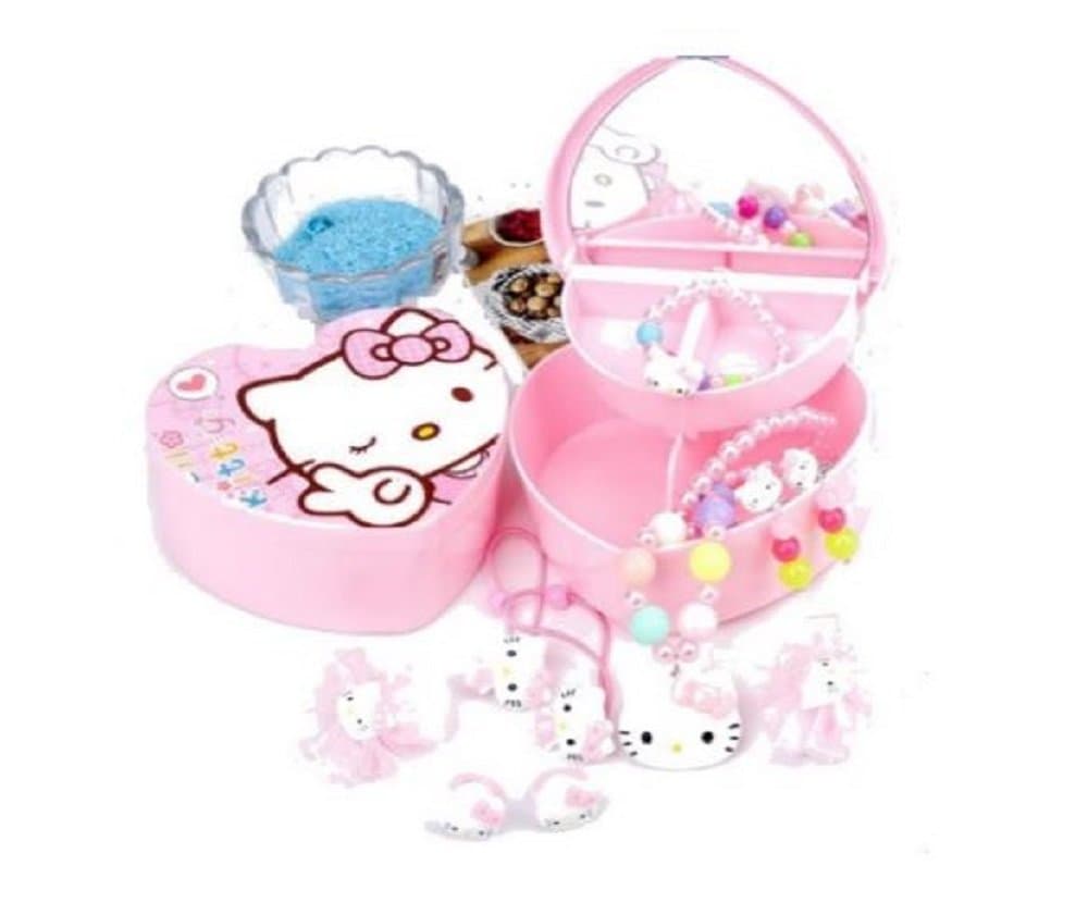 Cute Heart-Shaped Hello Kitty Jewelry Storage Box 2 Layer with Adorable Faux Pearl Girl Hairpin & Accessory 10-Piece Set