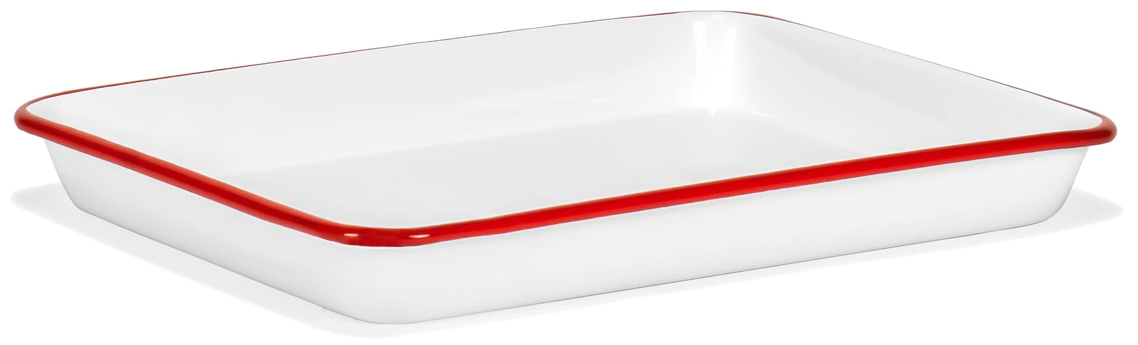 Red Co. 11" x 9" Enamelware Metal Classic 2 Quart Rectangular Serving Tray, Solid White/Red Rim