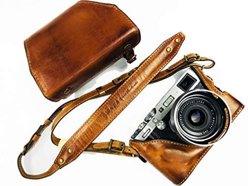 US KAZA Compatible Leather Half Case + Strap + case Cover Genuine Leather Vintage Brown Camera case for Fujifilm Camera Model X-100F