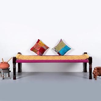 Rajasthani Wooden Khatiya Khaat | Traditional Handcrafted Wooden Charpai Bed | 6x3 Feet | Solid Wood Frame with Durable Cotton Ropes for Home, Garden, or Outdoor Use (Yellow and Pink)