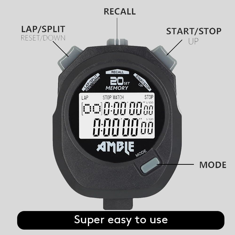 Amble Stopwatch, Countdown Timer and Stopwatch Record 20 Memories Lap Split Time with Tally Counter and Calendar Clock with Alarm for Sports Coaches and Referees