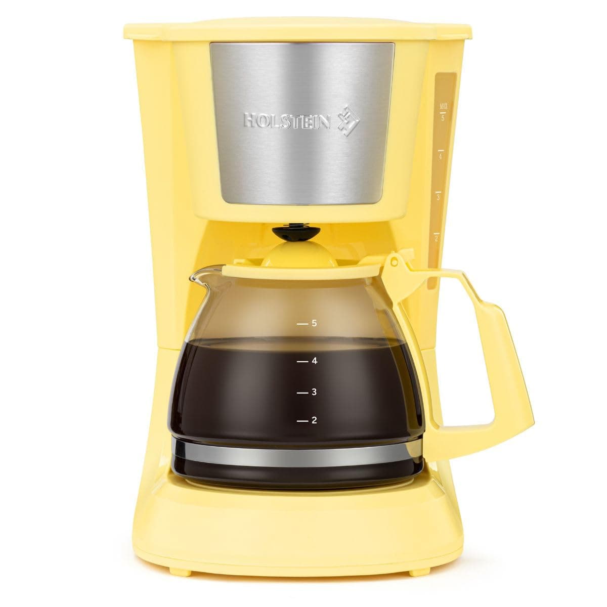 5 Cup Drip Coffee Maker – Compact and User-Friendly with Auto Pause & Serve, Reusable Filter, Measuring Spoon & Glass Carafe, Office & Dorm Use, Yellow