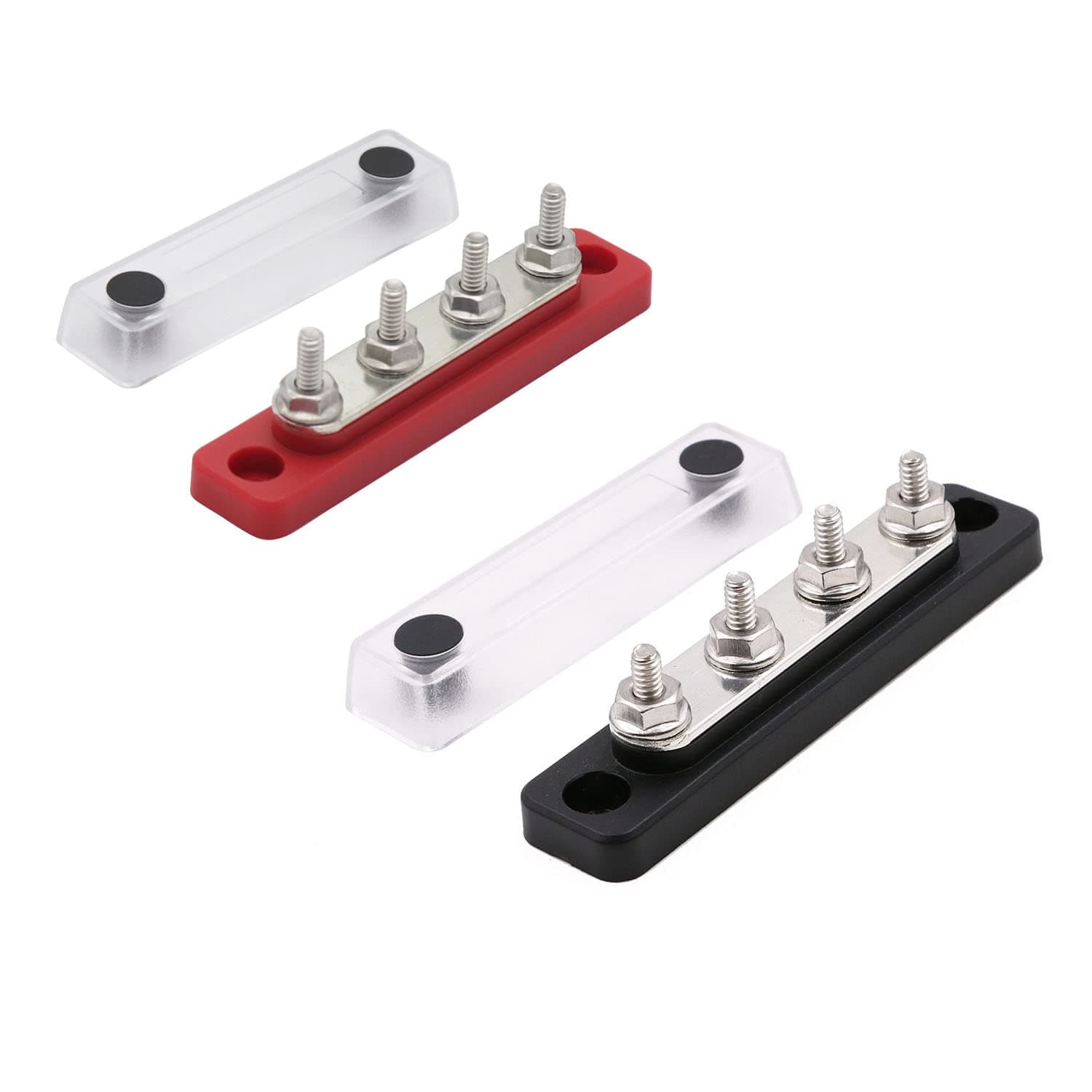 100 Amp Bus Bar 4 x 3/16” Post Power Distribution Blocks with Cover 100A Battery Terminals Busbar 12V- 48V DC Black + Red 2 Pack