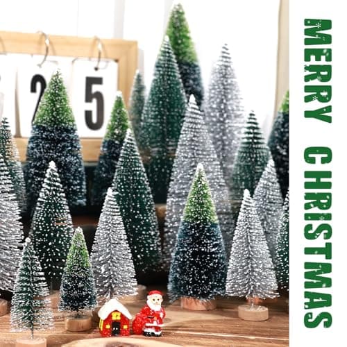 30Pcs Mini Christmas Trees Artificial Christmas Tree Bottle Brush Trees with Wooden Base for Christmas Decor Christmas Party Home Table Craft Decorations(Dark Green+Silver)