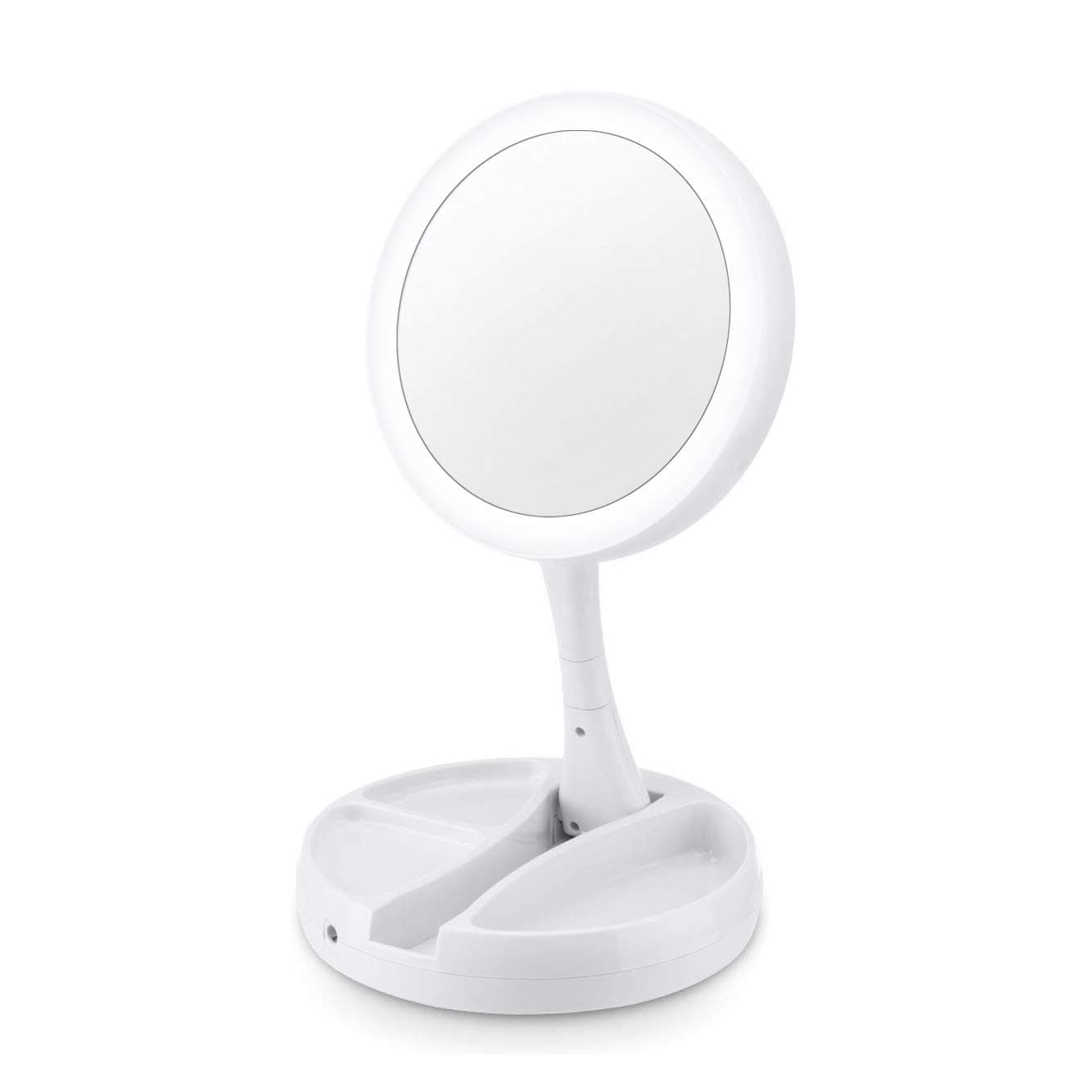 Foldable Lighted Makeup Mirror Compact Travel Mirrors 1x/10x Double-sided LED Illuminated Cosmetic Mirror Tabletop LED Lighted Foldaway Vanity Mirror Portable Collapsible Travel Mirror Round White