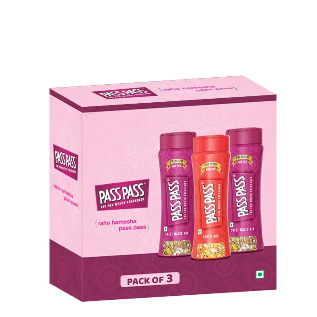 Pass Pass Sweet Magic Mix & Frutti Mix Combo | Pack of 3 (105g x 3) | Mouth Freshener | Dining Table Pack | With Fennel, Cardamom and Herbs