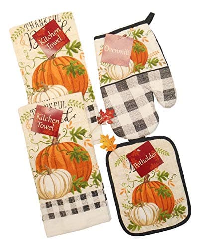 Black and White Buffalo Plaid Fall Kitchen Towel Set with White and Orange Pumpkins -Thankful and Blessed- Includes Towels, Pot Holder and Mitt with 2 Fall Leaf Picks- Bundle of 6