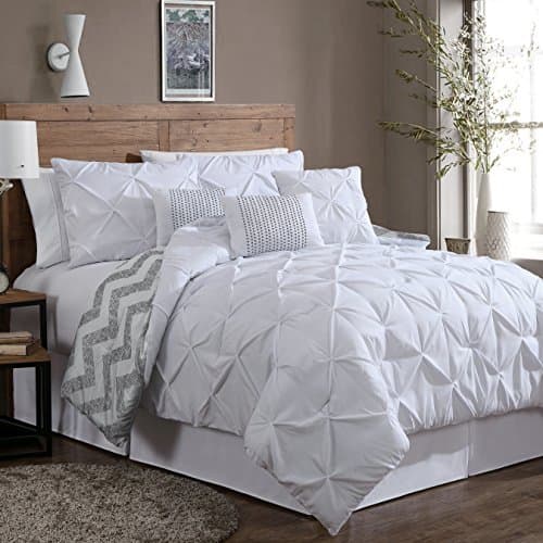 7 Piece Luxury Reversible Bedding Comforter Set with Pintucks on Sale - King Size, White Color
