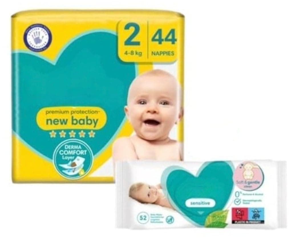Protection Bundle Size 2, 44 Nappies, 4kg-8kg, Essential Pack with Baby Wipes 52pk
