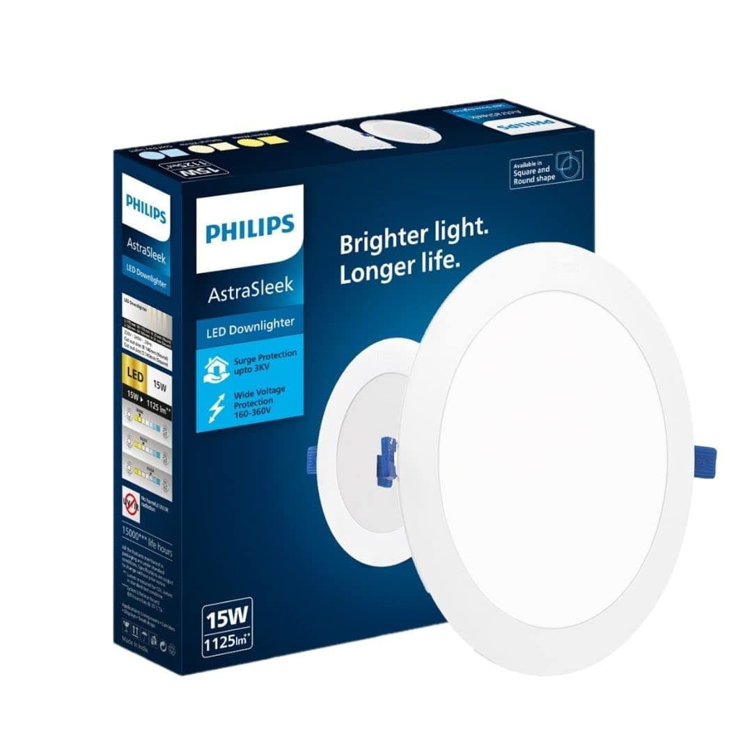 Philips Astra Sleek 15-watt Round LED Downlighter | LED Ceiling Light for Home | Cut Out: 140 mm, Color: Natural White, Pack of 1-Polycarbonate