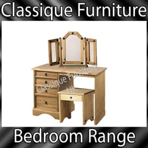 Mexican Corona Distressed Pine 4 Drawer Dressing Table Set Triple Swivel Mirror & Stool