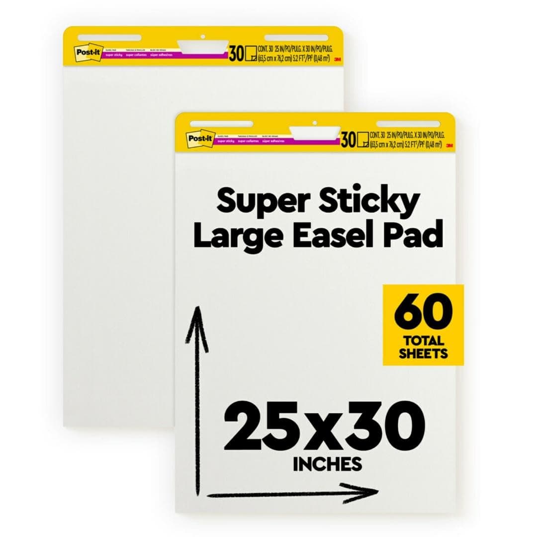 Super Sticky Easel Pad 25 in x 30 in White 30 Sheets/Pad 2 Pad/Pack Large White Premium Self Stick Flip Chart Paper Super Sticking Power (559)
