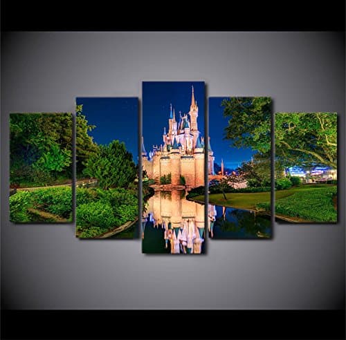 Disney Castle at Night, Canvas Wall Art Framed 5 Panel (Size 2: 30x40cmx2, 30x60cmx2, 30x80cmx1 Piece)