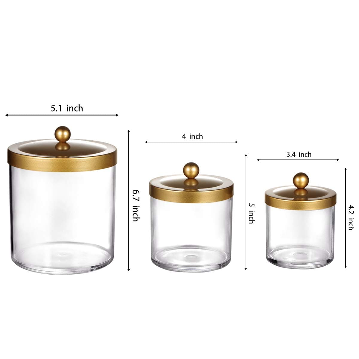 SheeChung Premium Quality Apothecary Jars - Clear Plastic Jars with Rust Proof Stainless Steel Lids - Bathroom Vanity Countertop Storage Organizer Canister Holder House Decor | Set of 3 (Gold)