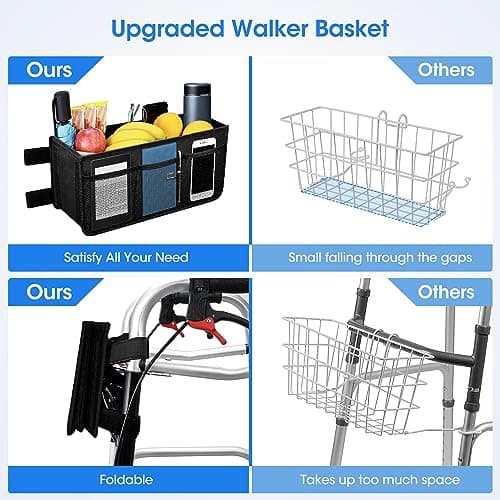 Dotday Walker Basket, Walker Bag Water Bottle Holder, Foldable Walker Storage Bag with Big Capacity & Never tipping over the walker, Best Gift for Family and Friends - Black (Not Fit Rollator Walkers)